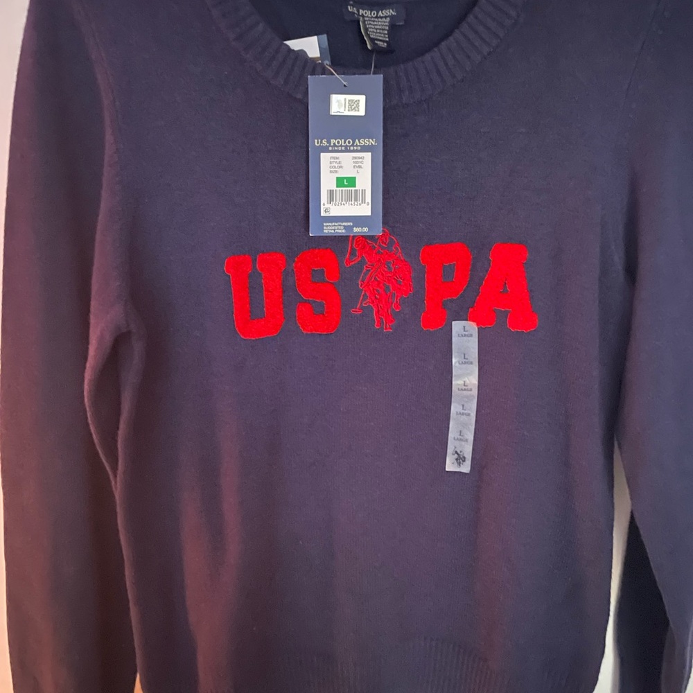 U.S. Polo Assn. Men's Dark Blue Sweater with Vibrant Red Lettering